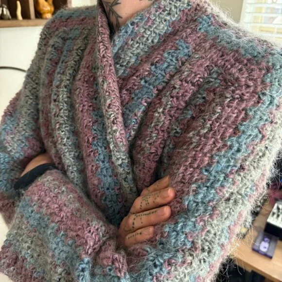 💀 SOLD 💀 Vintage 70s Knit Mohair Blend Long Lined Open Cardigan Sweater Jacket S - Picture 4 of 9